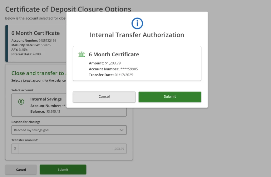 Internal Transfer Authorization modal for 6 Month Certificate — Amount $1,203.79, Account Number ****59905, Transfer Date 01/17/2025