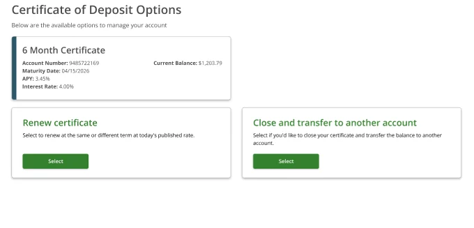 Certificate of Deposit Options — showing Renew certificate and Close and transfer options for a 6 Month Certificate