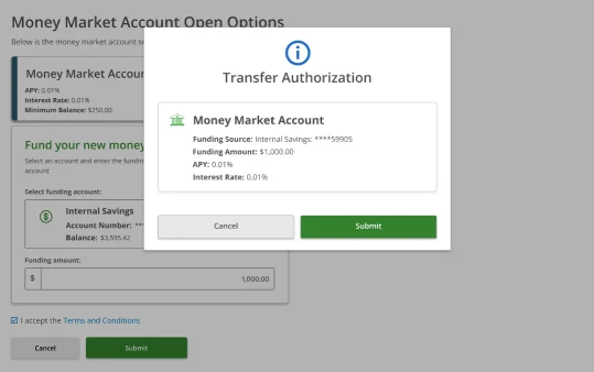 Transfer Authorization modal — Money Market Account, Funding Source: Internal Savings ****59905, Funding Amount $1,000.00, APY 0.01%, Interest Rate 0.01%
