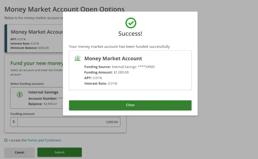 Success modal — Your money market account has been funded successfully. Money Market Account: Funding Source Internal Savings ****59905, Funding Amount $1,000.00, APY 0.01%, Interest Rate 0.01%