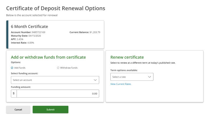 Certificate of Deposit Renewal Options — empty form showing Add/Withdraw panel and term selector