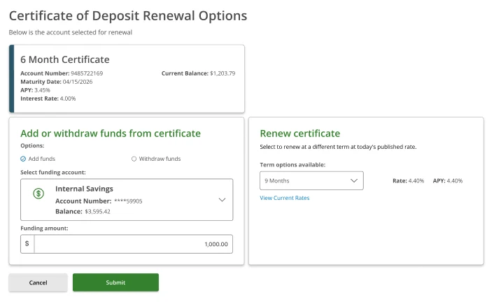 Certificate of Deposit Renewal Options — form filled with Internal Savings selected, $1,000 funding amount, and 9 Months term showing Rate 4.40% APY 4.40%