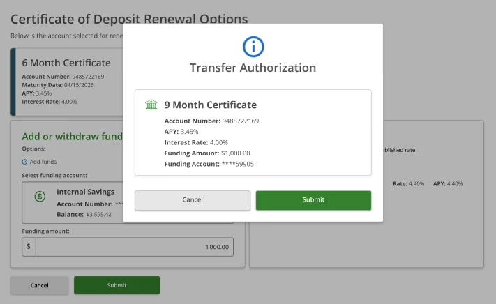 Transfer Authorization modal for a 9 Month Certificate showing APY 3.45%, Interest Rate 4.00%, Funding Amount $1,000.00, Funding Account ****59905