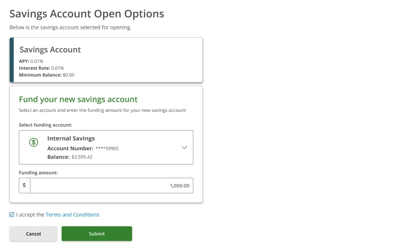 Savings Account Open Options — Internal Savings ****59905 (Balance $3,595.42) selected, Funding amount $1,000.00, Terms and Conditions checked