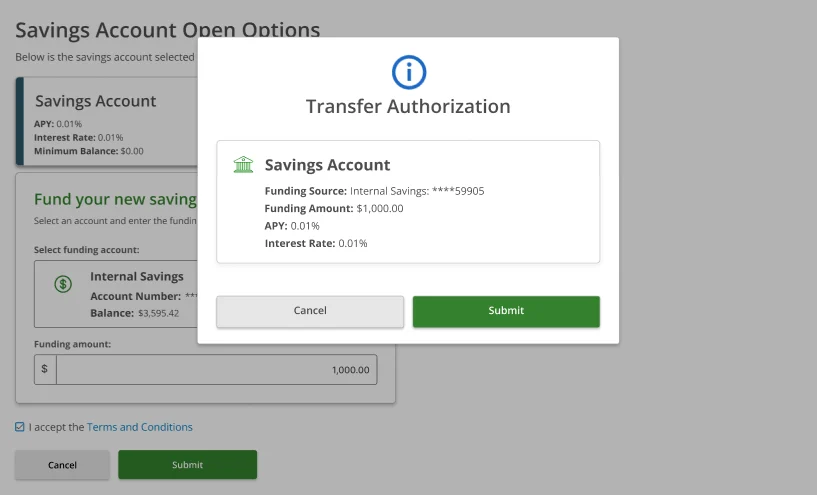 Transfer Authorization modal — Savings Account, Funding Source: Internal Savings ****59905, Funding Amount $1,000.00, APY 0.01%, Interest Rate 0.01%