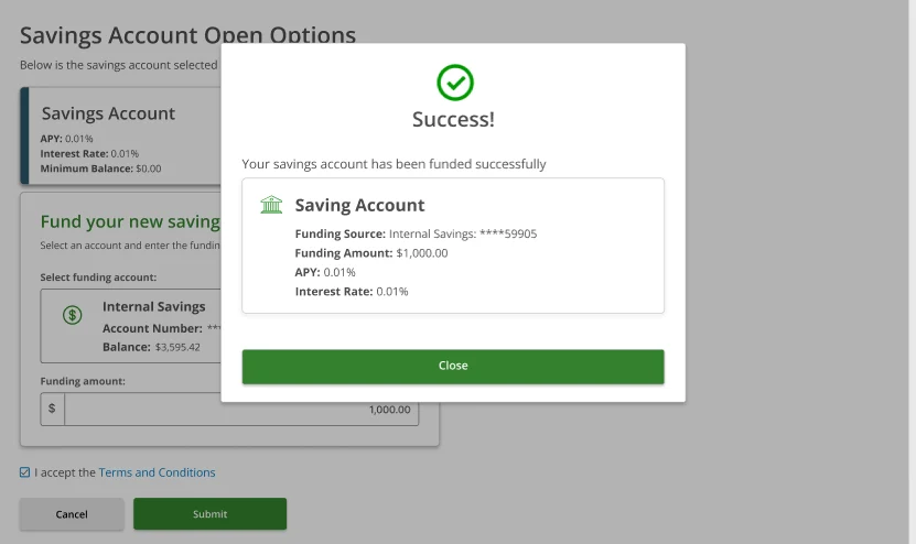 Success modal — Your savings account has been funded successfully. Saving Account: Funding Source Internal Savings ****59905, Funding Amount $1,000.00, APY 0.01%, Interest Rate 0.01%