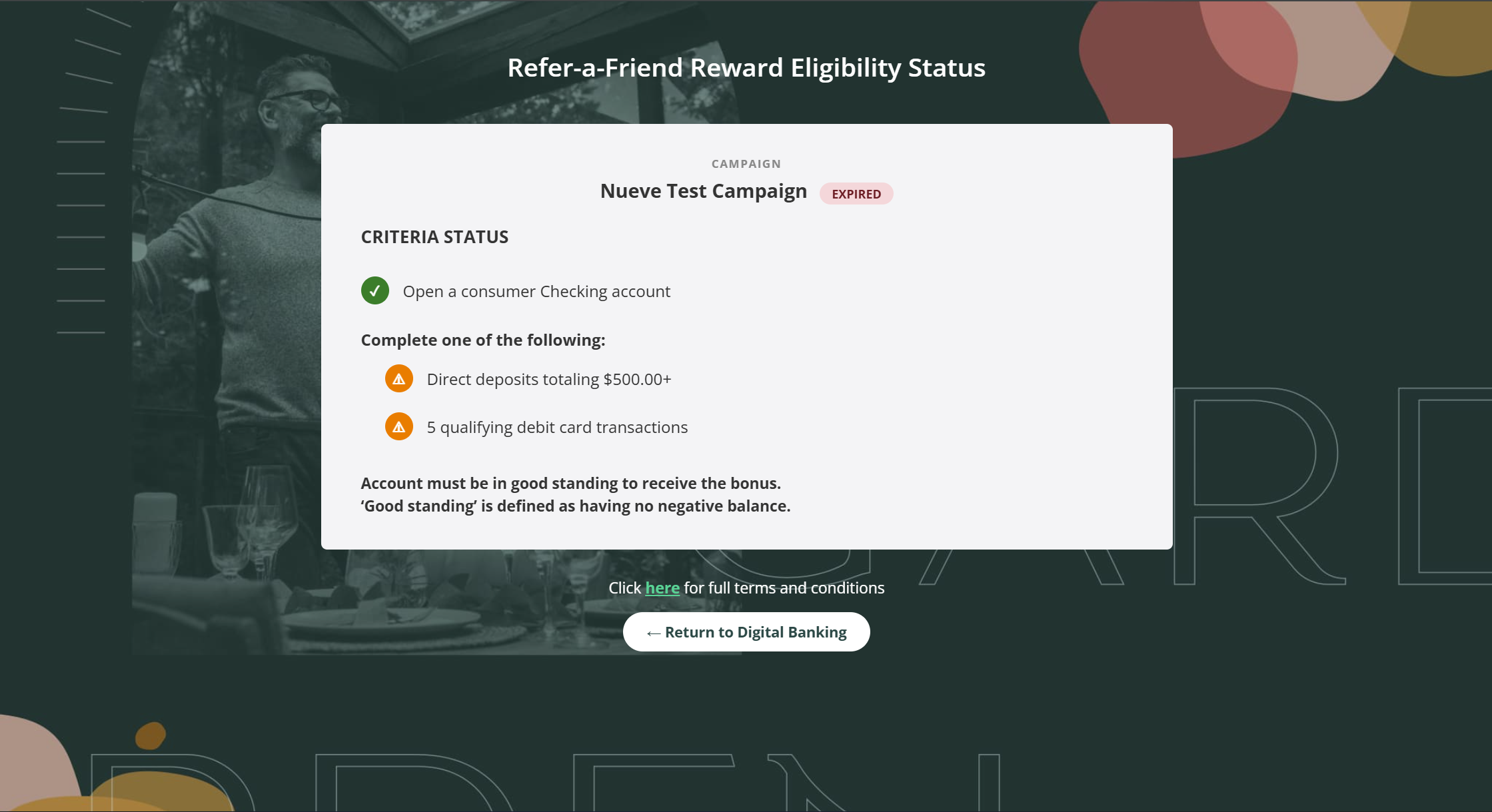 Refer-a-Friend Reward Eligibility Status page showing 'Auto Loan Summer Push — SUBMITTED', criteria window closing June 7, 2026, and one criterion: 'Open a consumer auto loan account' with a warning icon indicating not yet met.