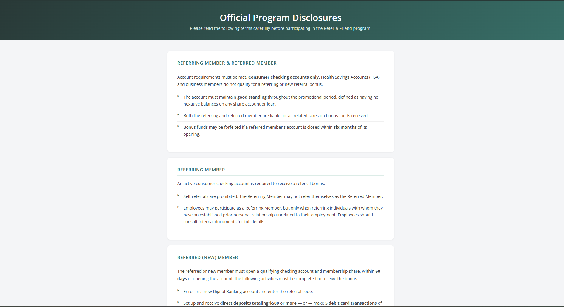 Official Program Disclosures page for the Refer-a-Friend program. Sections labeled 'Referring Member & Referred Member' and 'Referring Member' with legal bullet points about eligibility, HSA exclusion, good standing, and tax implications.