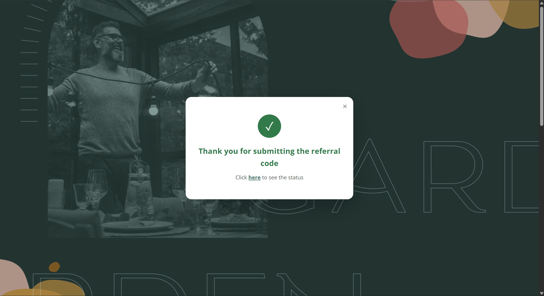 Submit a Referral Code modal showing a green success banner: 'Referral code accepted for 1 campaign(s).'