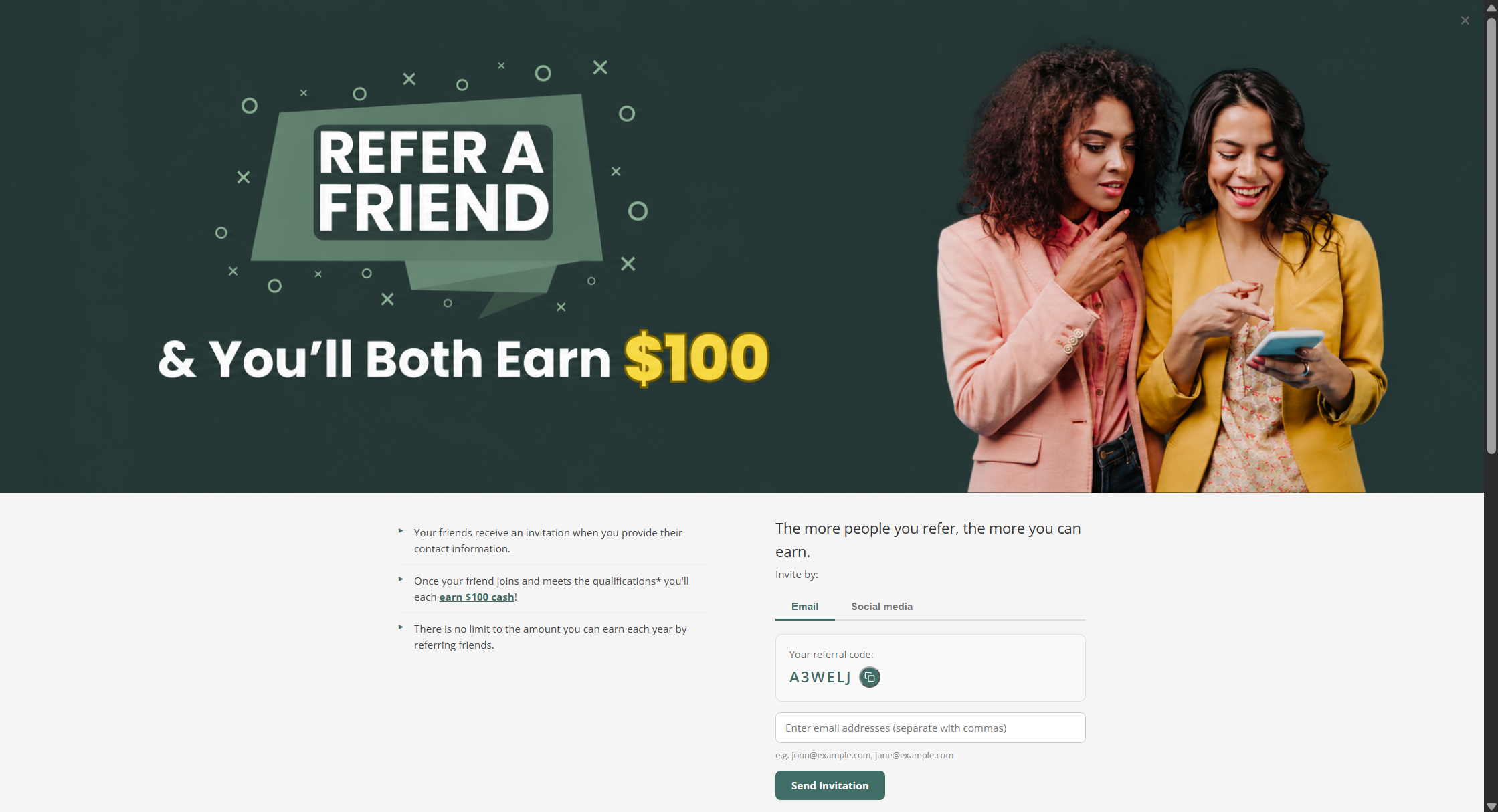 Refer-a-Friend full page for an existing member showing 'You'll Both Earn $100', the inviter's permanent code '1TUXR0', email/social tabs, and share buttons for Facebook, WhatsApp, X, and copy-link.