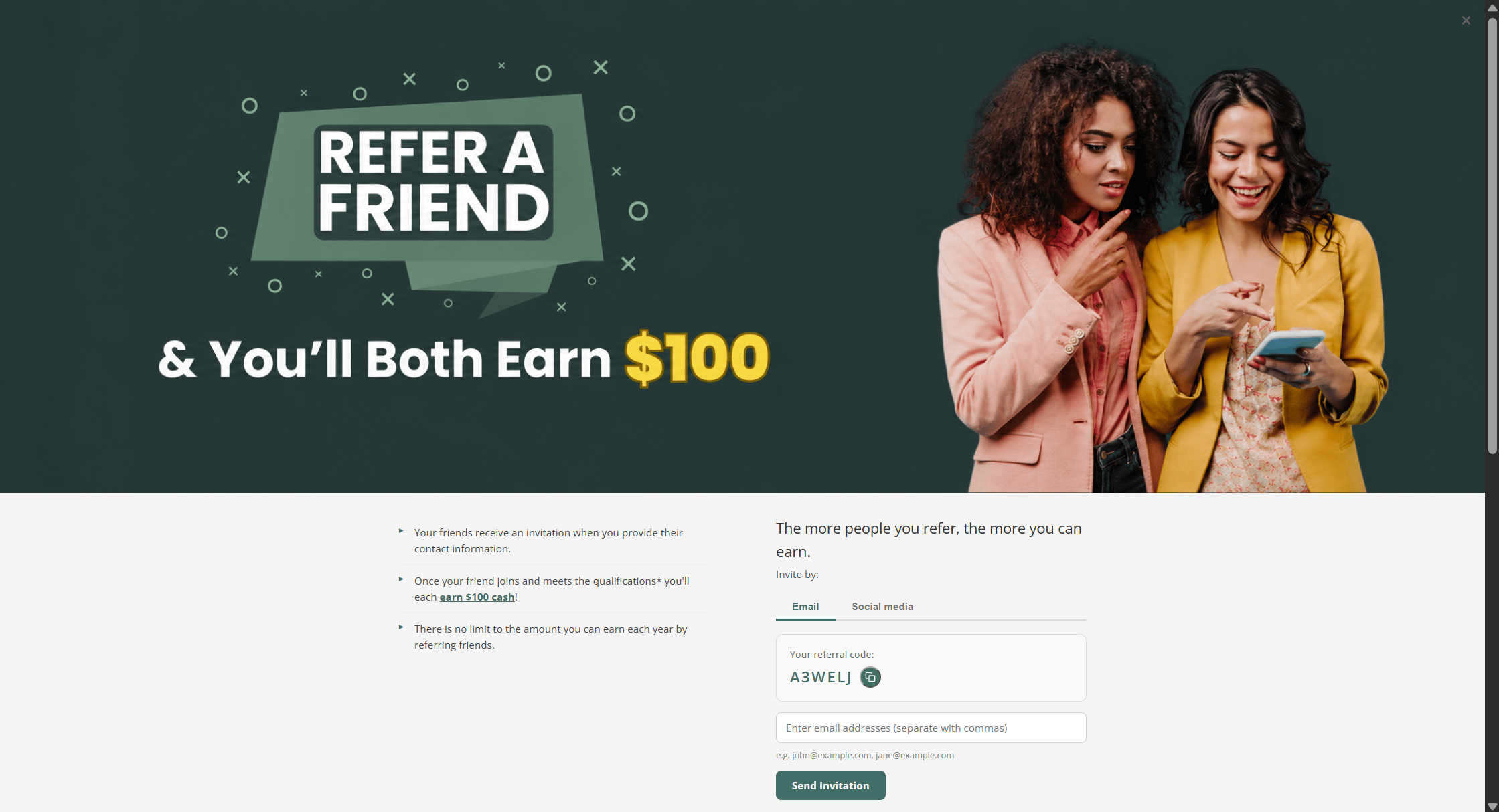 Refer-a-Friend full page for an existing member showing 'You'll Both Earn $100', the inviter's permanent code '1TUXR0', email/social tabs, and share buttons for Facebook, WhatsApp, X, and copy-link.