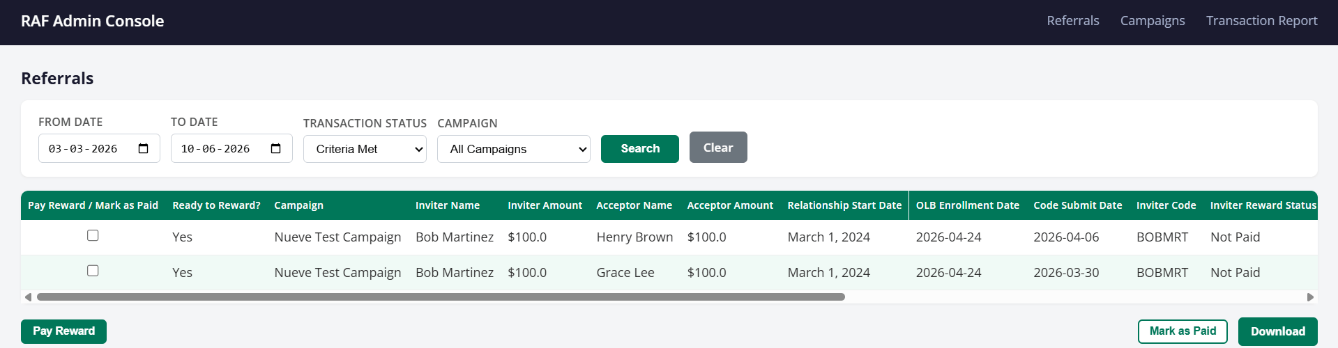 RAF Admin Console Referrals list showing inviter and acceptor details, reward status, and pay/download actions