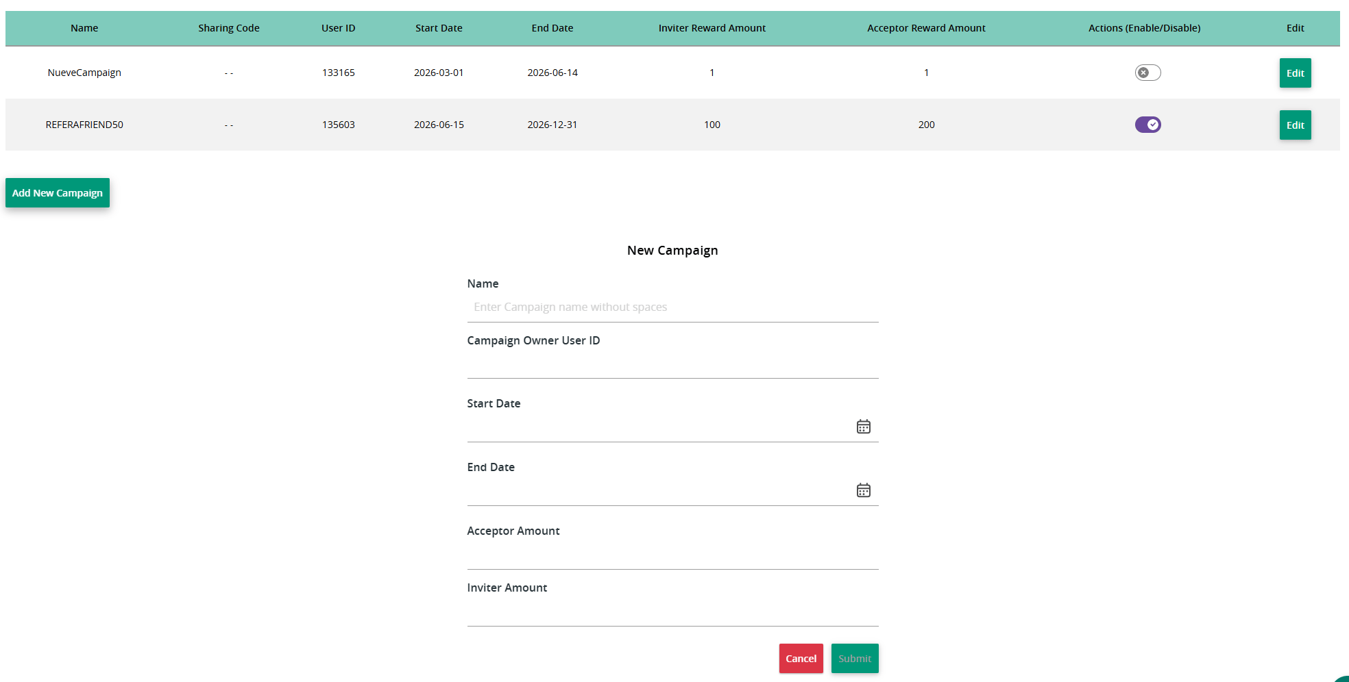 Campaign creation form