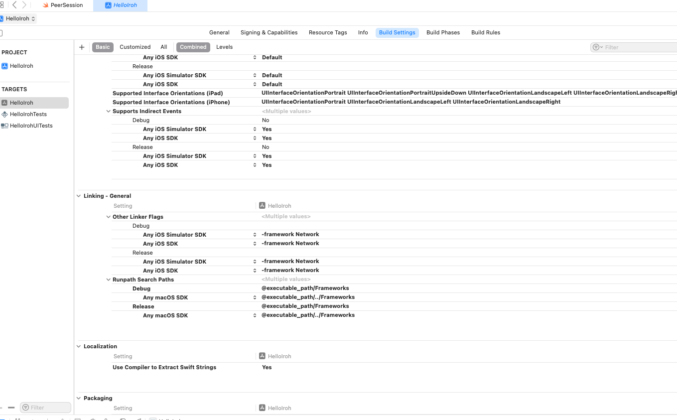 Build Settings showing Other Linker Flags with -framework Network for iOS device and simulator SDKs.
