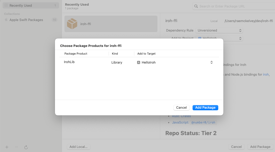 Xcode product picker with IrohLib checked and the app target selected.