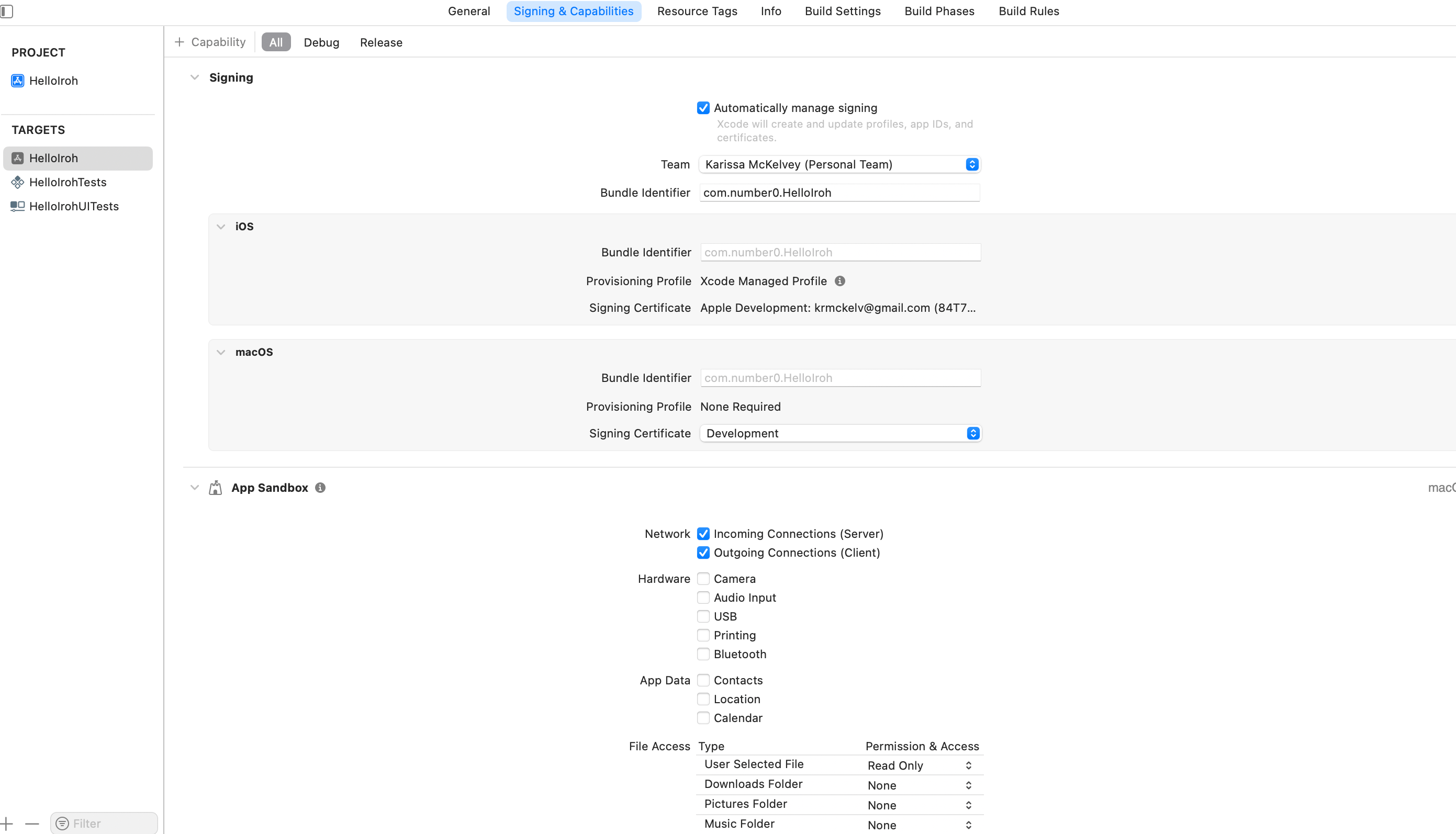 Signing and Capabilities pane with both Network checkboxes enabled under App Sandbox.