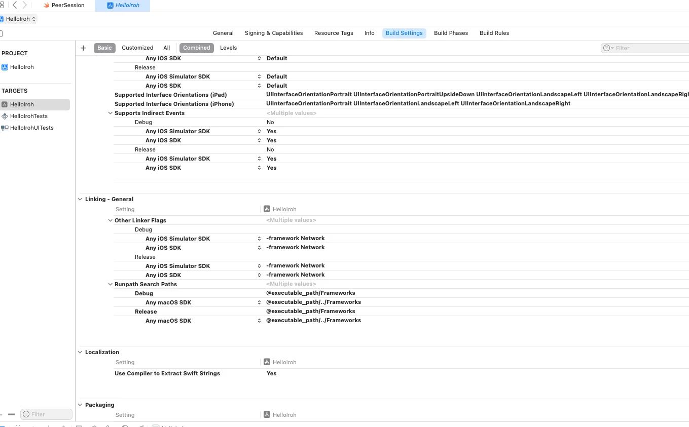 Build Settings showing Other Linker Flags with -framework Network for iOS device and simulator SDKs.