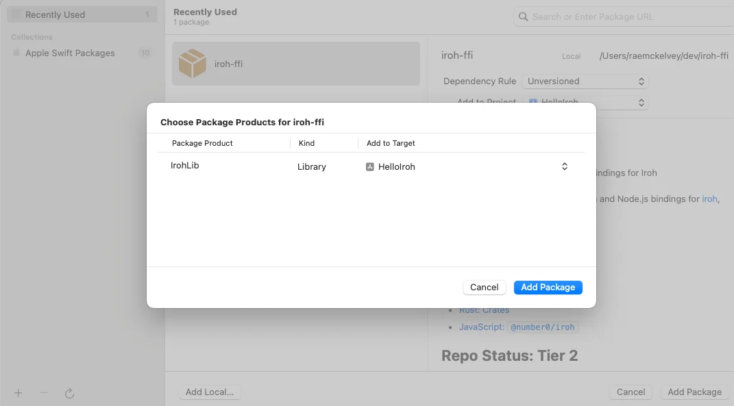 Xcode product picker with IrohLib checked and the app target selected.