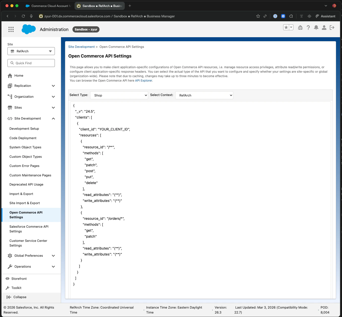 Shop API config