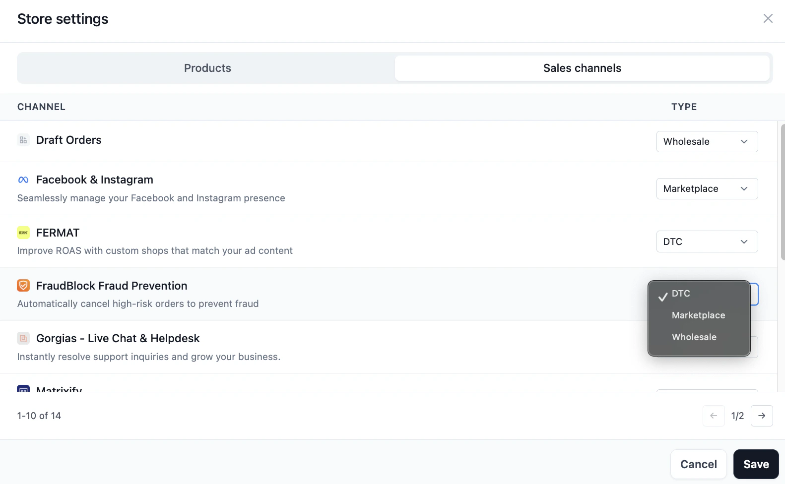 Sales channel dropdown