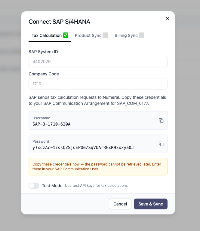 Generating SAP connection credentials in Numeral
