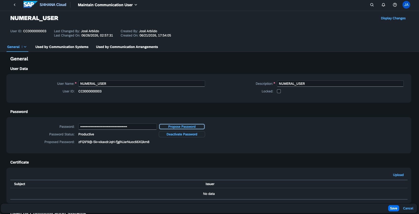 Creating the NUMERAL_USER inbound communication user in SAP Fiori
