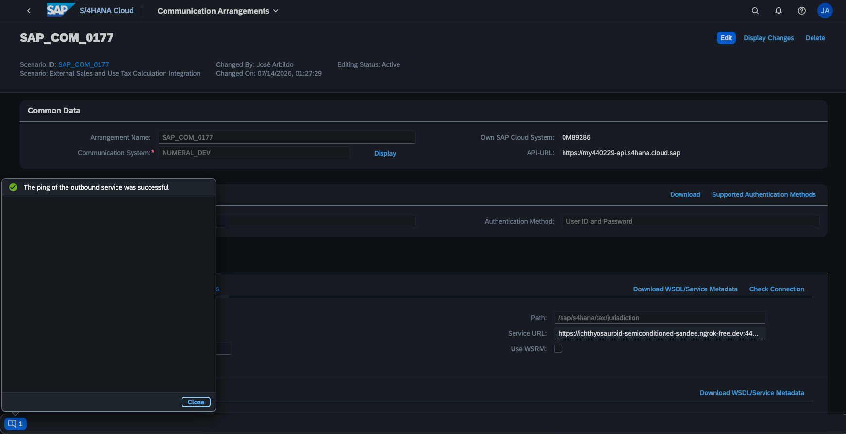 A successful outbound service connection test
