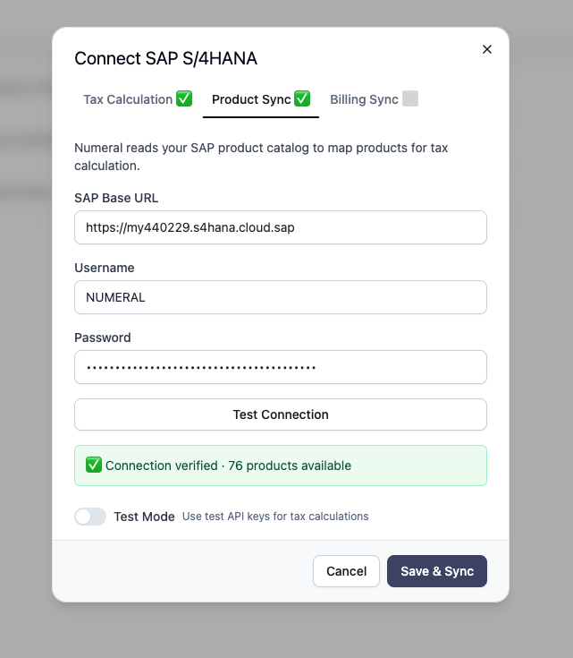 Completing the Product, Customer, and Billing Sync connection in Numeral