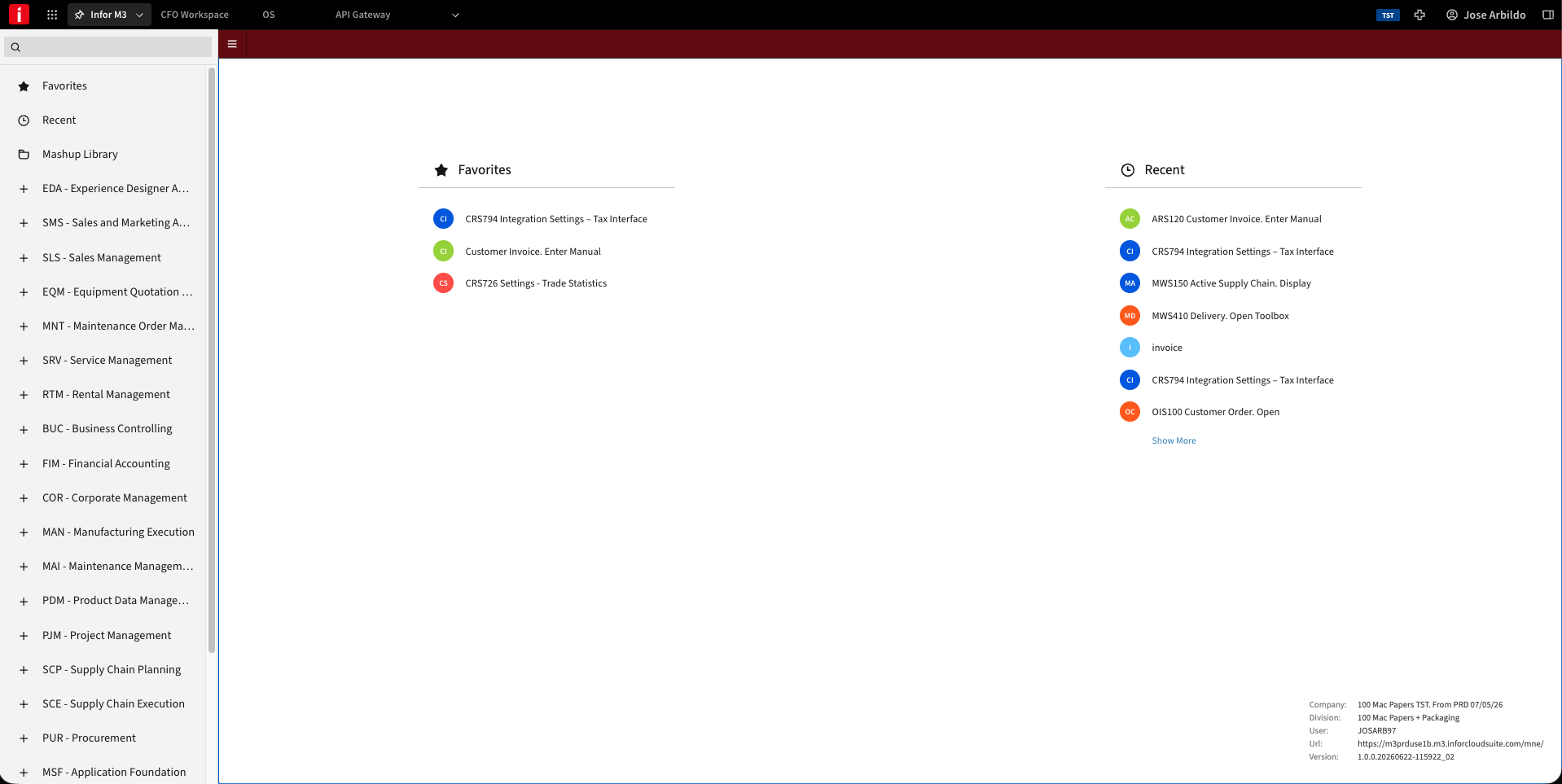 Company and Division codes on the Infor M3 home screen