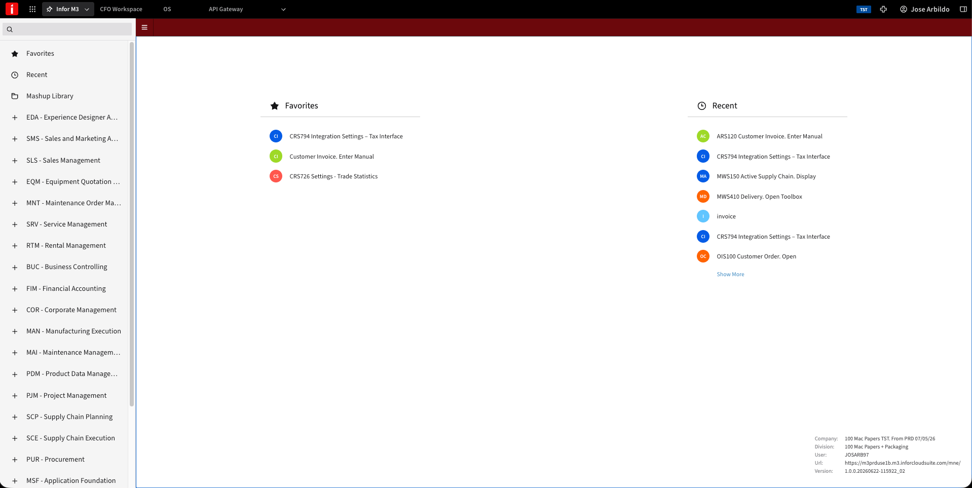 Company and Division codes on the Infor M3 home screen