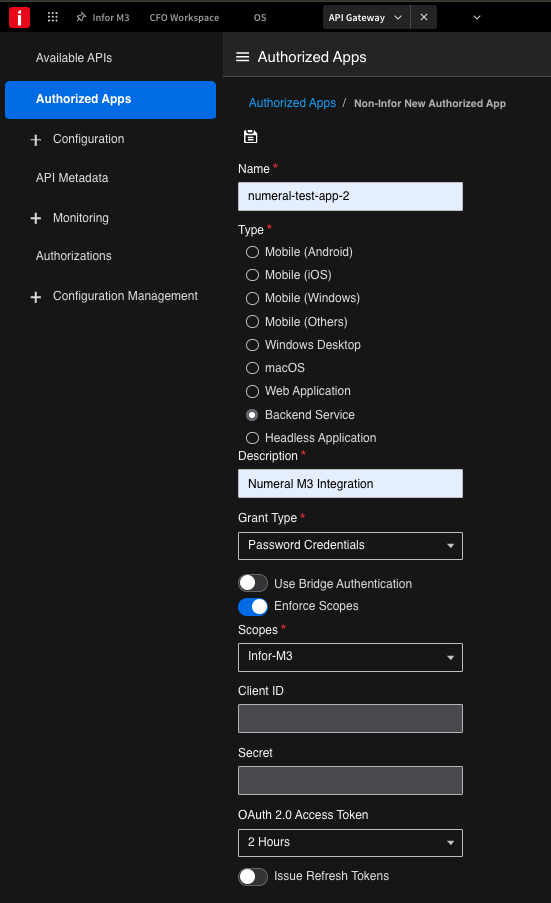 Configuring the Numeral authorized app in Infor OS