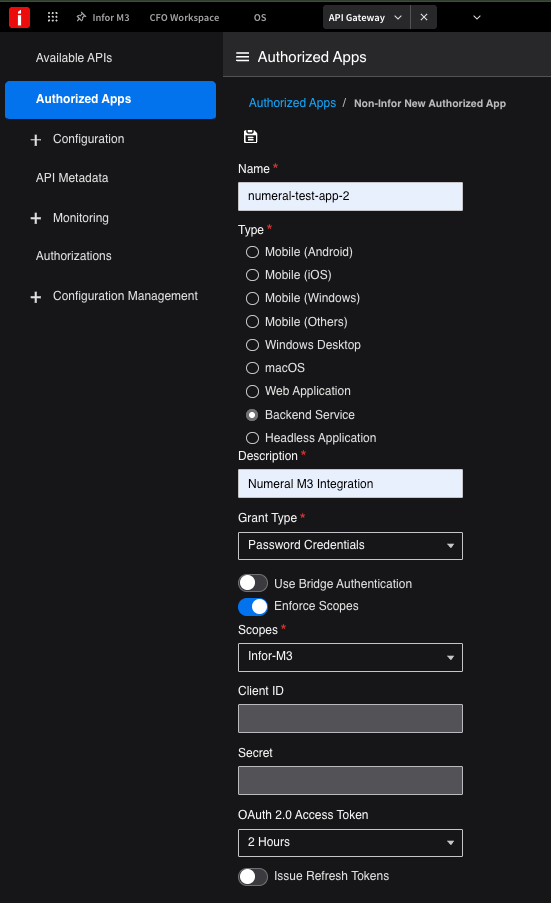 Configuring the Numeral authorized app in Infor OS