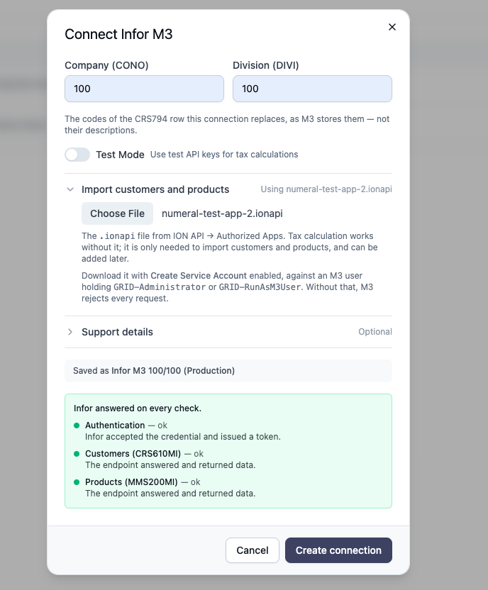 Uploading the .ionapi file in Numeral