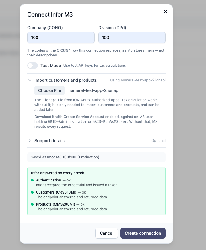 Uploading the .ionapi file in Numeral