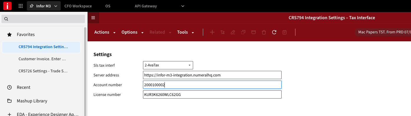 CRS794 Integration Settings – Tax Interface in Infor M3