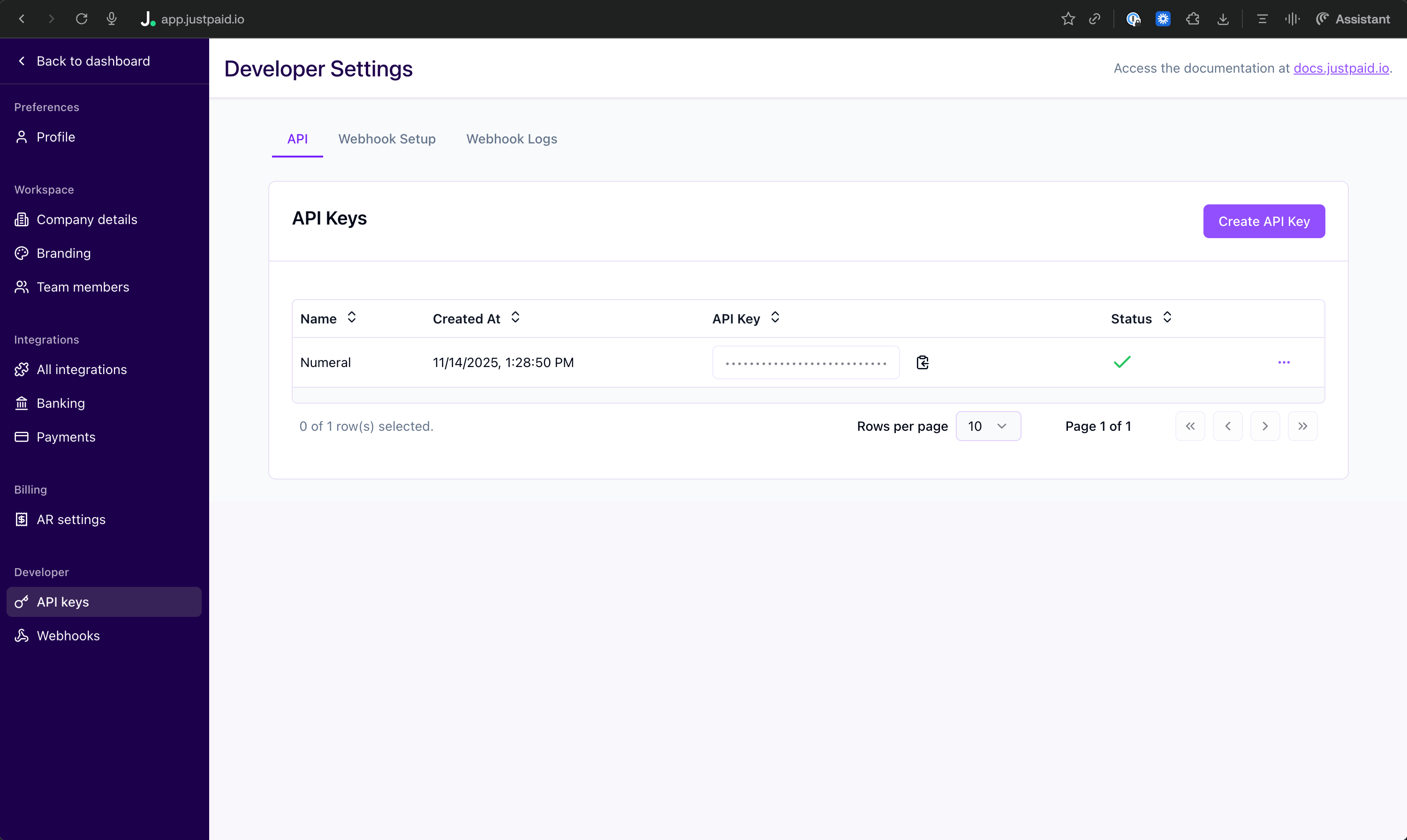 JustPaid API Keys page in Developer Settings