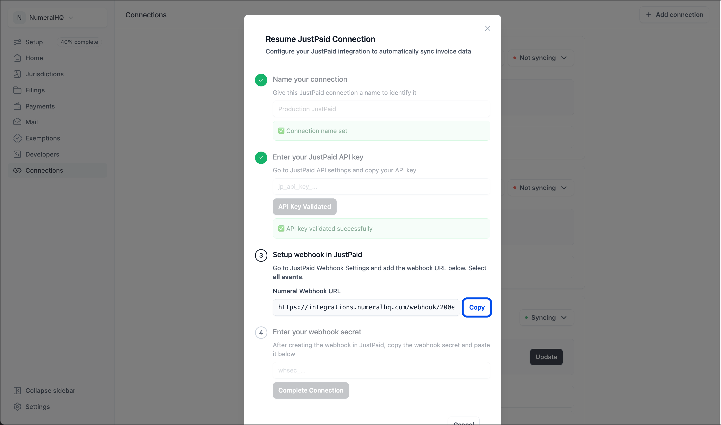 Connecting a JustPaid API key in Numeral