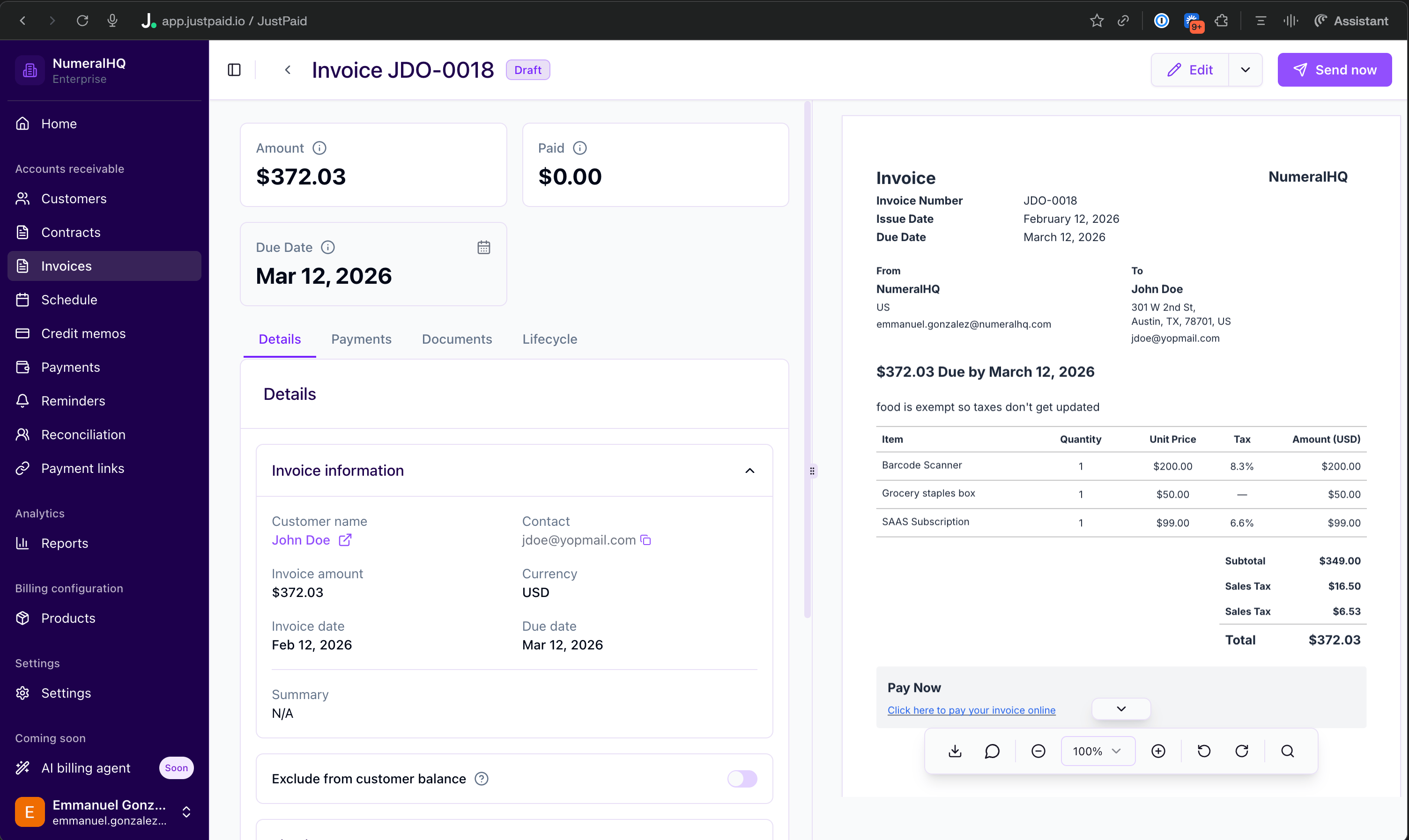 JustPaid invoice with Numeral sales tax applied to line items