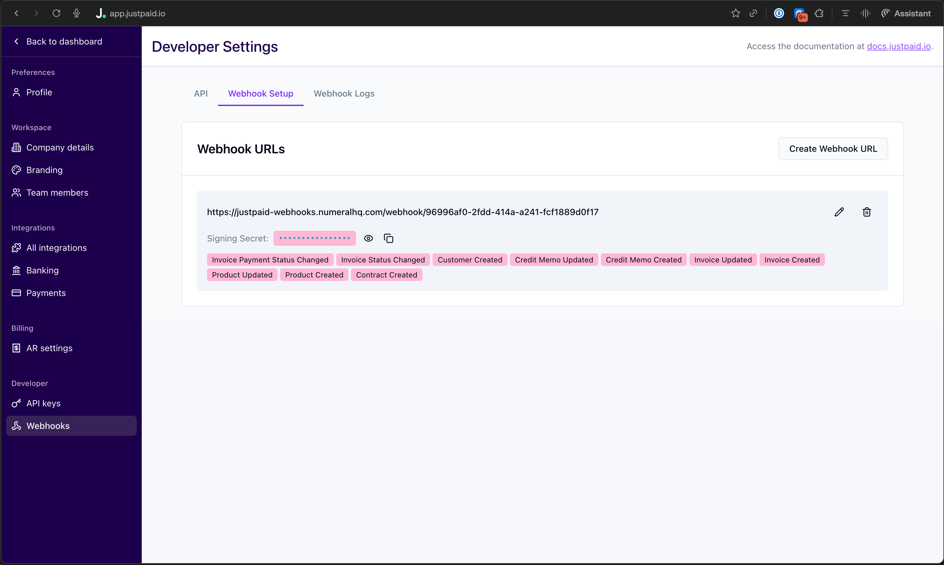 JustPaid webhook signing secret used to verify Numeral webhooks