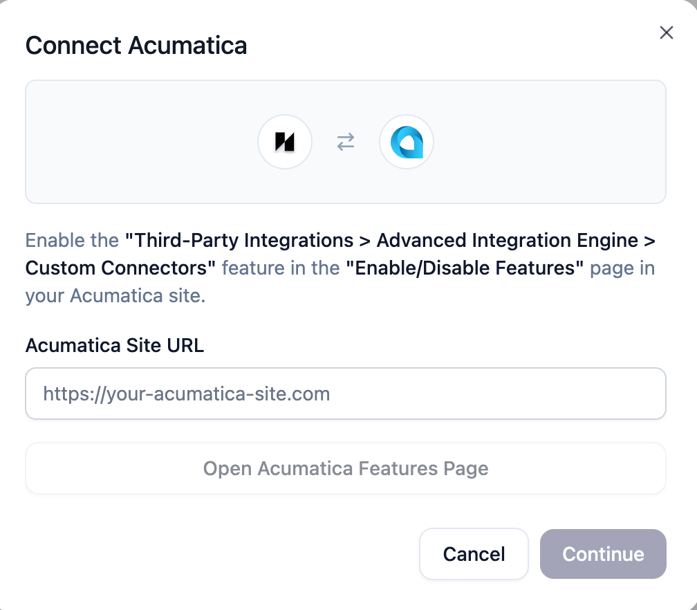 Connect Acumatica — enter site URL