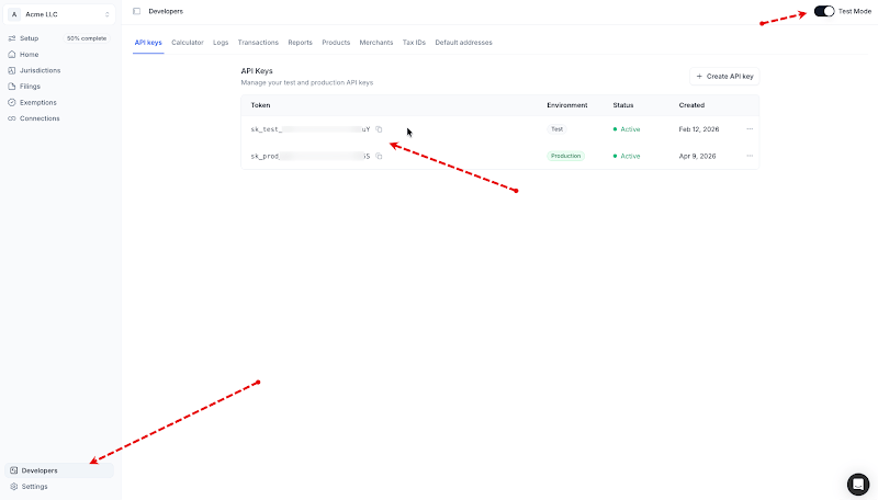 Numeral setup card in Maxio tax settings