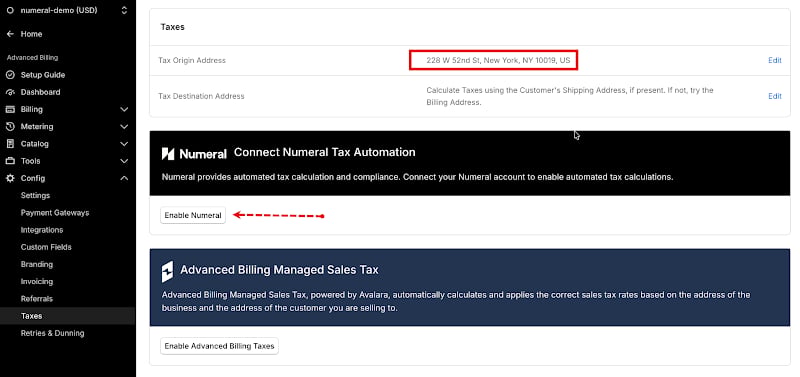 Enabling Numeral in Settings > Taxes