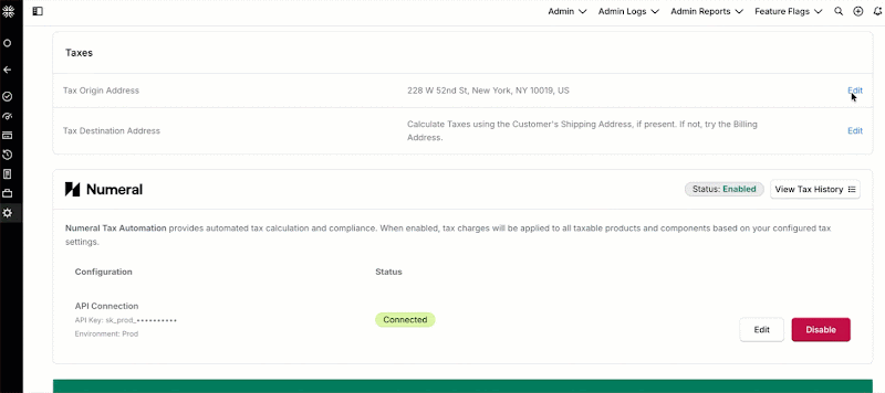 Configuring the tax origin address