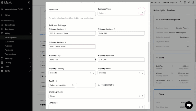 Subscription preview with Numeral sales tax line item