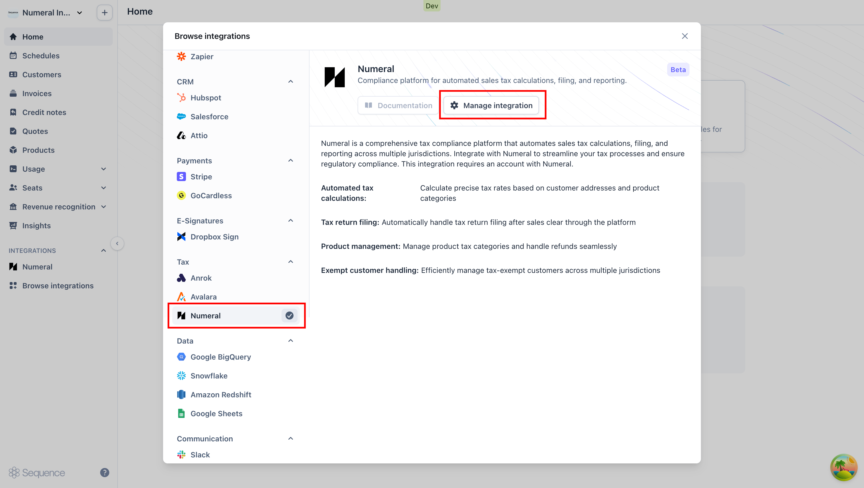 Viewing the Numeral connector in Sequence's integrations list