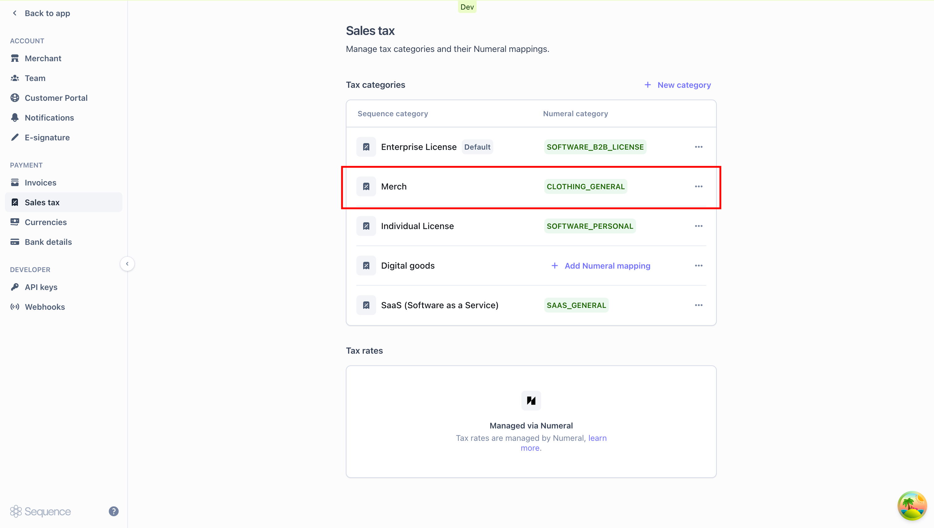 Viewing existing Sequence tax categories