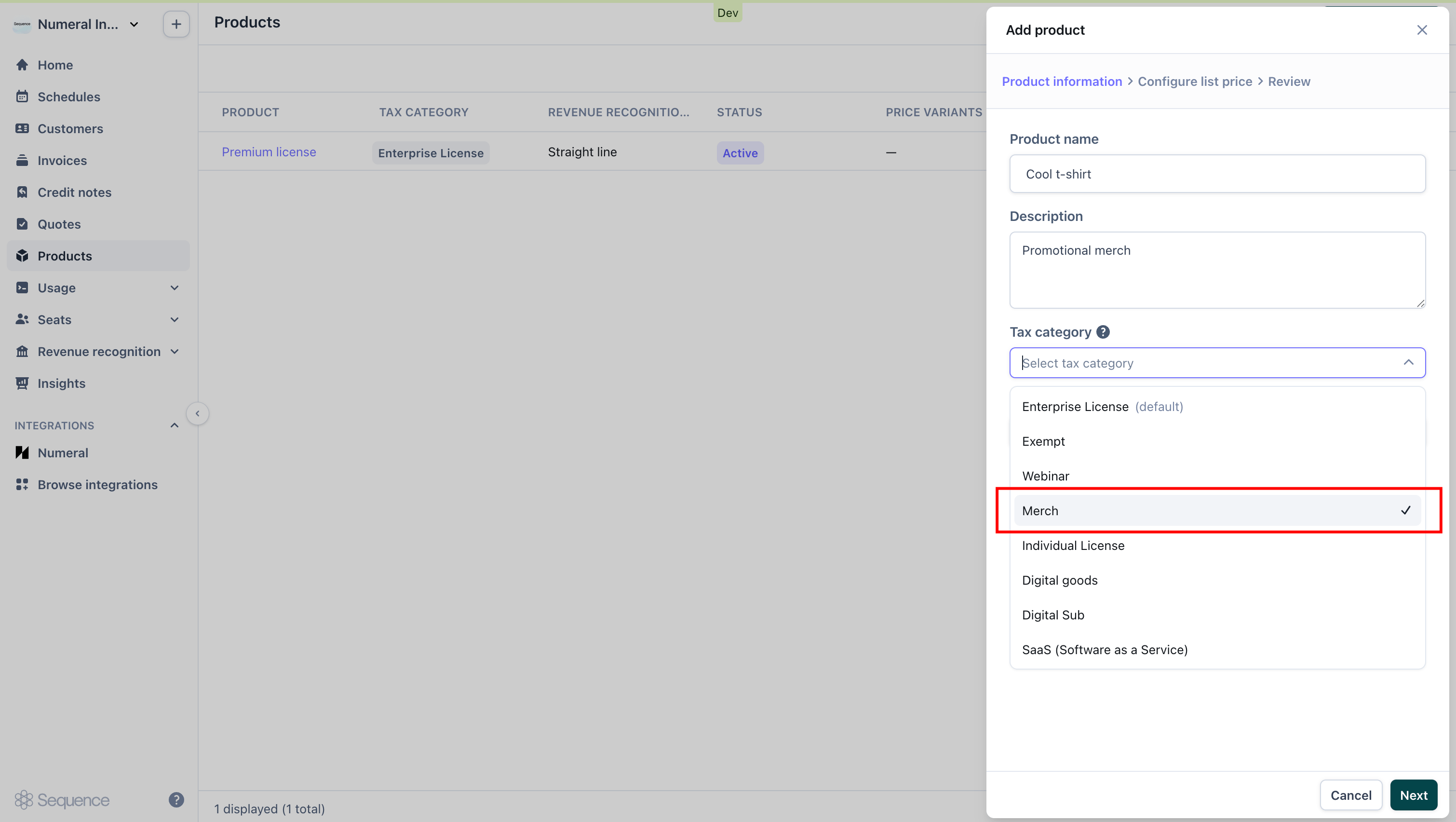 Assigning tax categories to products in Sequence
