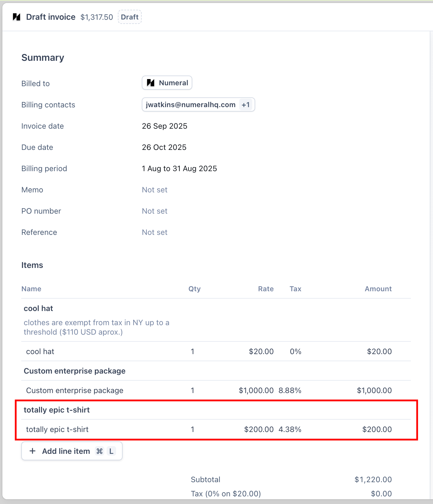 Sales tax calculated automatically on a draft invoice