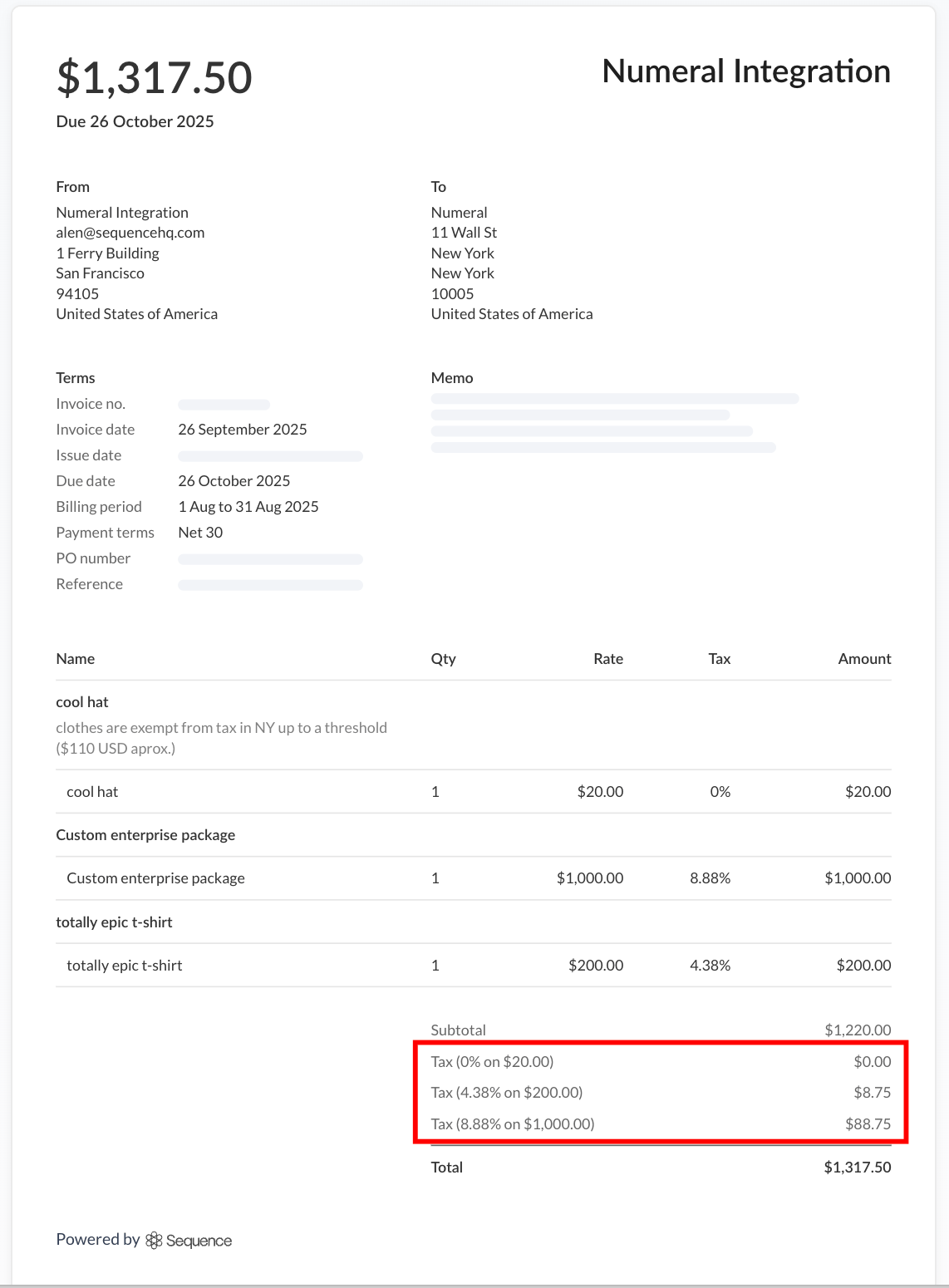 Sales tax shown on a customer-facing invoice PDF