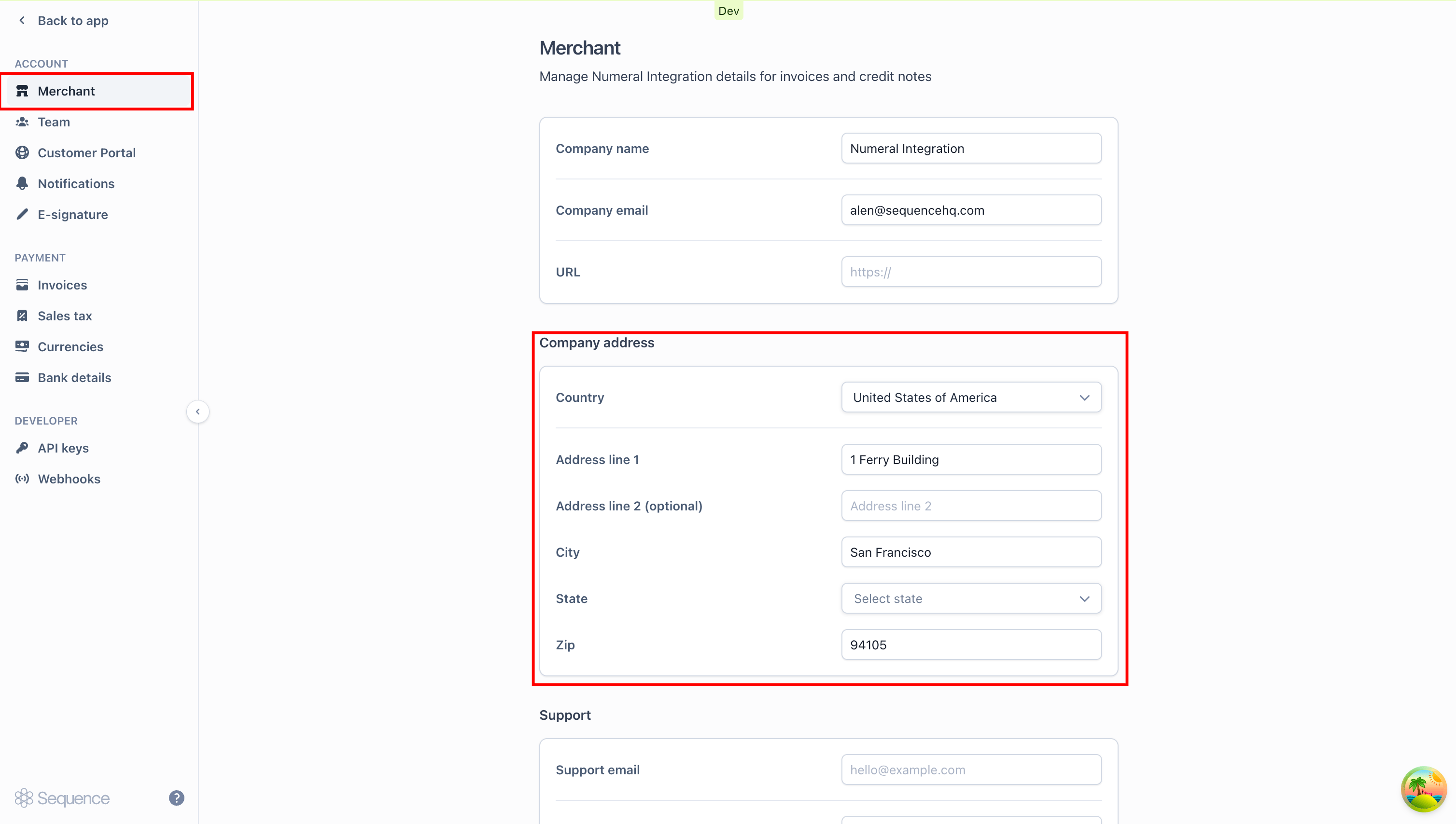 Merchant address configuration in Sequence